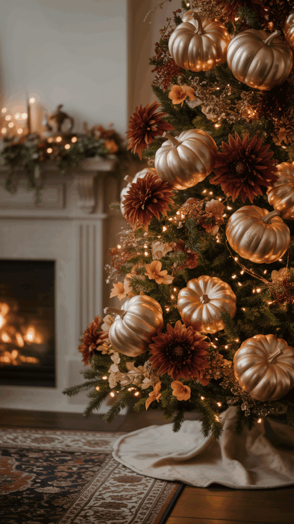 A Christmas tree decorated with golden pumpkins, burgundy flowers, and string lights, set beside a fireplace adorned with candles and greenery.