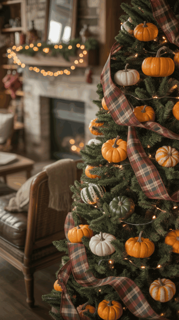 A Christmas tree decorated with small pumpkins and plaid ribbons in a cozy living room with a fireplace and festive lights.