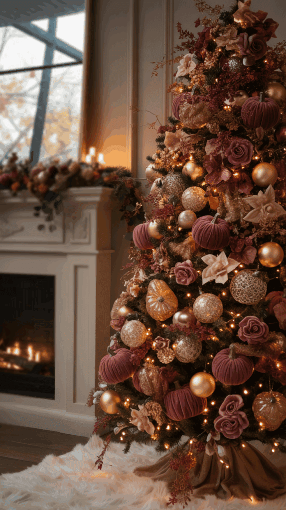 A beautifully decorated Christmas tree adorned with maroon velvet pumpkins, gold and pink ornaments, and lit with warm white lights, stands beside a fireplace with a lit fire. The mantle is decorated with matching autumn-themed garlands, and a plush white rug is placed on the floor beneath the tree.