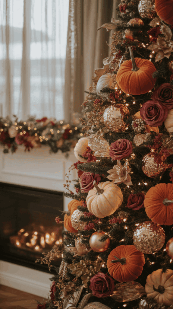 A Christmas tree decorated with orange and white pumpkins, burgundy roses, and gold ornaments, next to a lit fireplace.