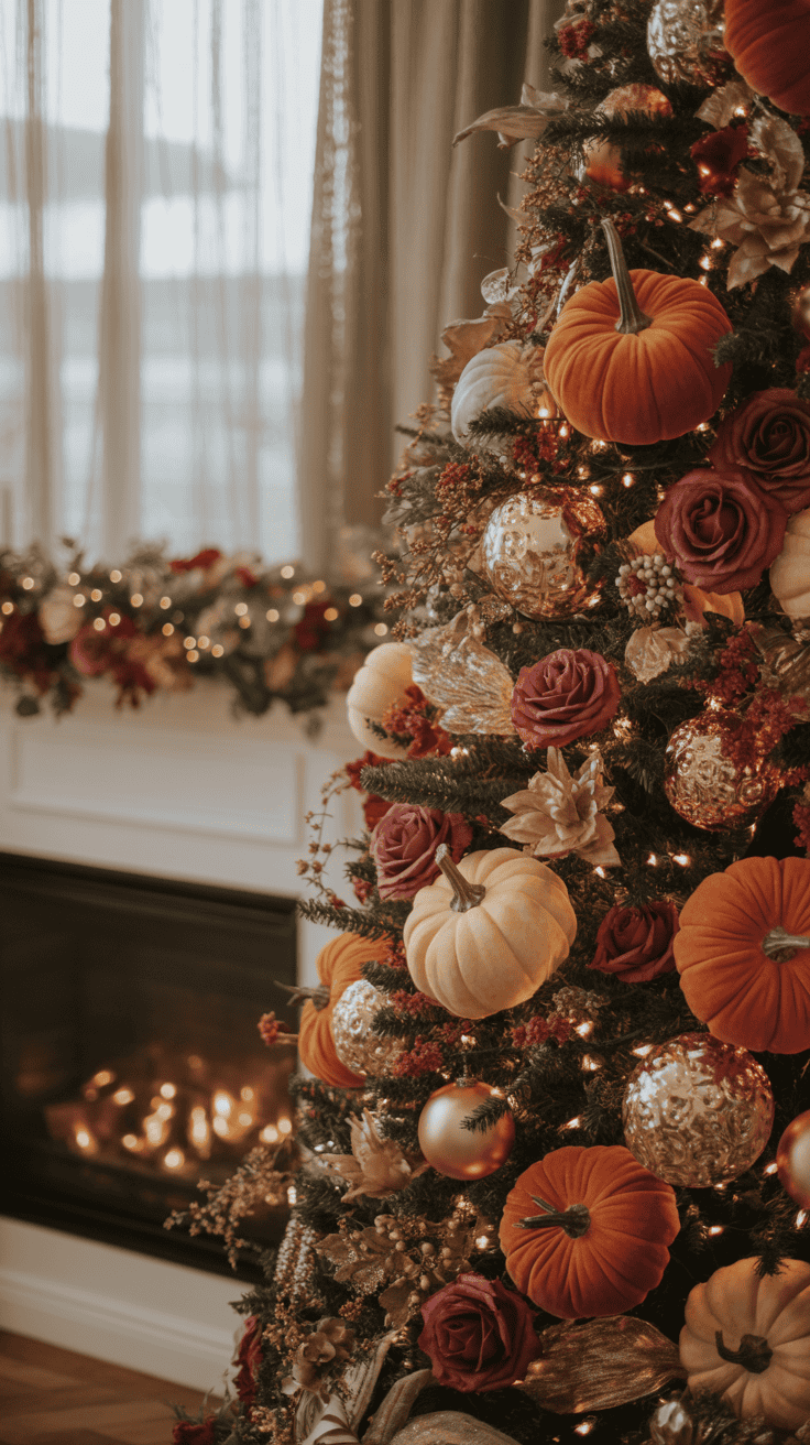 A Christmas tree decorated with orange and white pumpkins, burgundy roses, and gold ornaments, next to a lit fireplace.