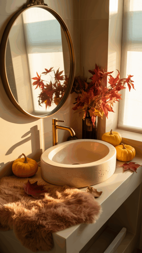 Bathroom countertop with a beige stone sink, gold faucet, small pumpkins, and autumn leaves, reflecting sunlight from a nearby window. A round mirror hangs above, with additional fall foliage in a vase nearby.