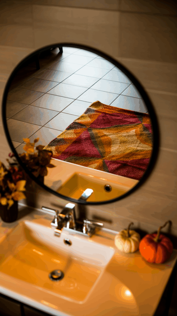 Bathroom sink with autumn-themed decor, including a small orange pumpkin, a white pumpkin, and a vase with fall leaves. A round mirror above reflects a colorful patterned rug on a tiled floor.