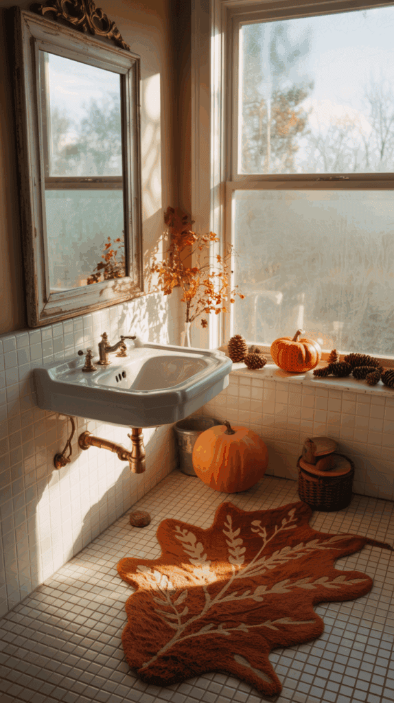 A cozy bathroom decorated for autumn with a rustic white sink featuring brass fixtures, a large mirror with an ornate frame, and a window with a view of bare trees. The room is adorned with small pumpkins, pinecones, and dried autumn leaves. An orange, leaf-shaped rug adds to the seasonal decor on the tiled floor.