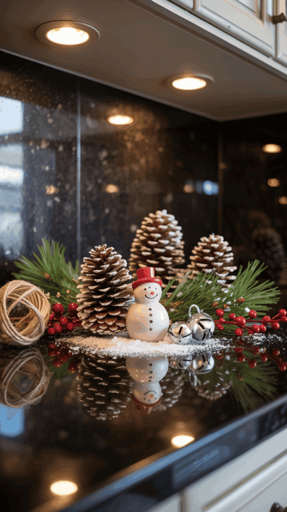 A festive kitchen countertop display featuring a small snowman figurine with a red hat, surrounded by pinecones dusted with artificial snow, green pine branches, red berries, a ball of twine, and silver bells, all under warm overhead lighting on a black reflective surface.