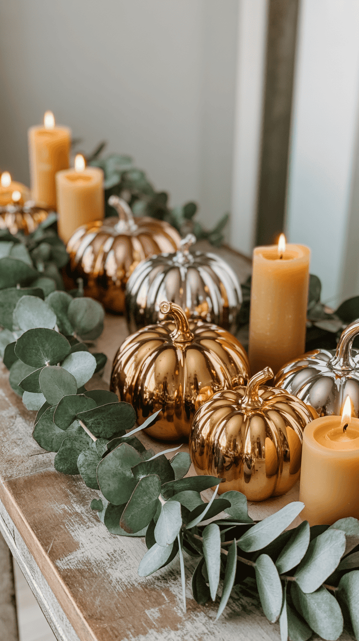 Decorative metallic pumpkins in gold and silver, surrounded by lit candles and greenery, arranged on a wooden table.