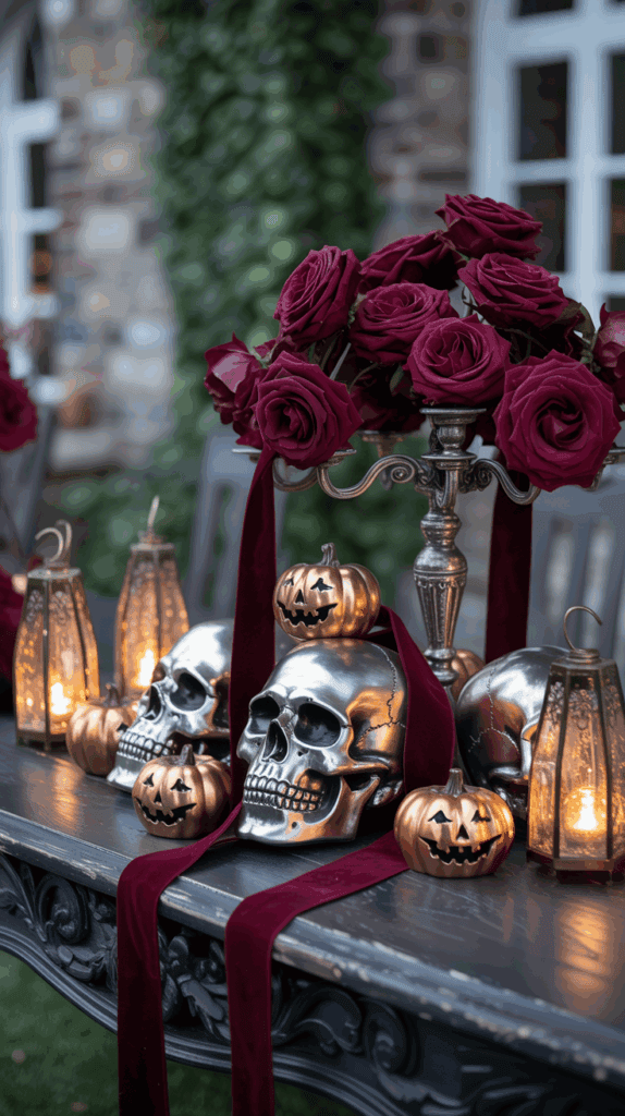 A Halloween-themed table centerpiece featuring silver skulls, metallic jack-o'-lanterns, burgundy roses, and glowing lanterns, all set on a dark table with a burgundy velvet ribbon draped across it.
