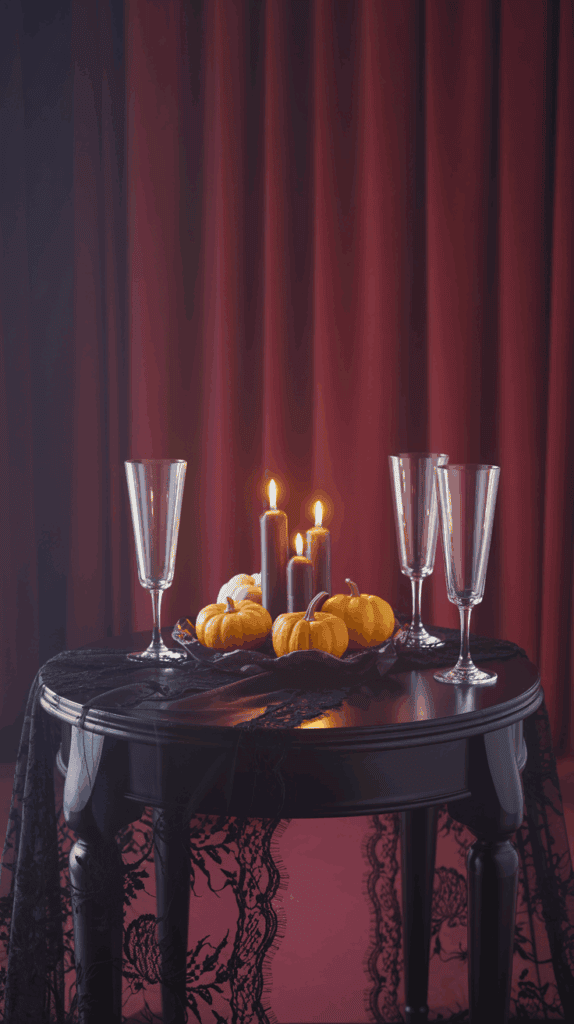 A black table adorned with a black lace tablecloth, featuring three lit candles, small orange pumpkins, and three empty champagne flutes against a backdrop of red curtains.
