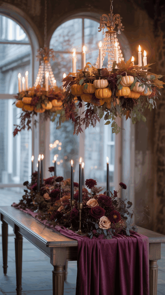 A rustic dining table decorated with a rich burgundy tablecloth and an arrangement of dark flowers and foliage. Above, ornate chandeliers with candles are adorned with small pumpkins and autumn leaves, creating a warm, seasonal ambiance.