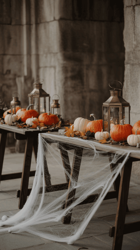 A rustic wooden table decorated with orange and white pumpkins, autumn leaves, bronze lanterns with lit candles, and fake cobwebs draped across the legs, creating a festive autumnal display.