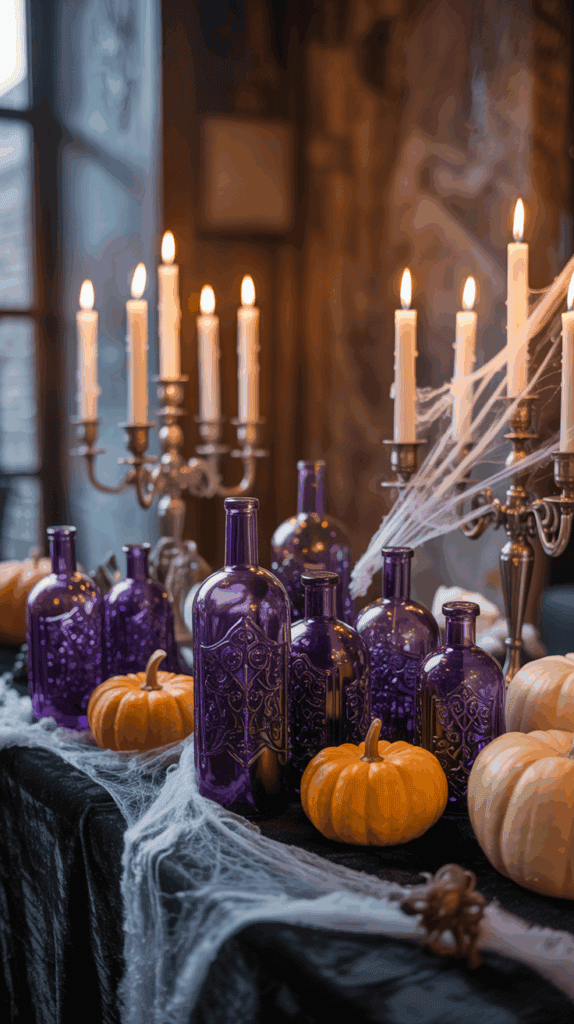 A Halloween-themed table setting featuring purple glass bottles, small orange pumpkins, and glowing candle-filled candelabras, accented with cobwebs, set on a dark cloth in a dimly lit room.