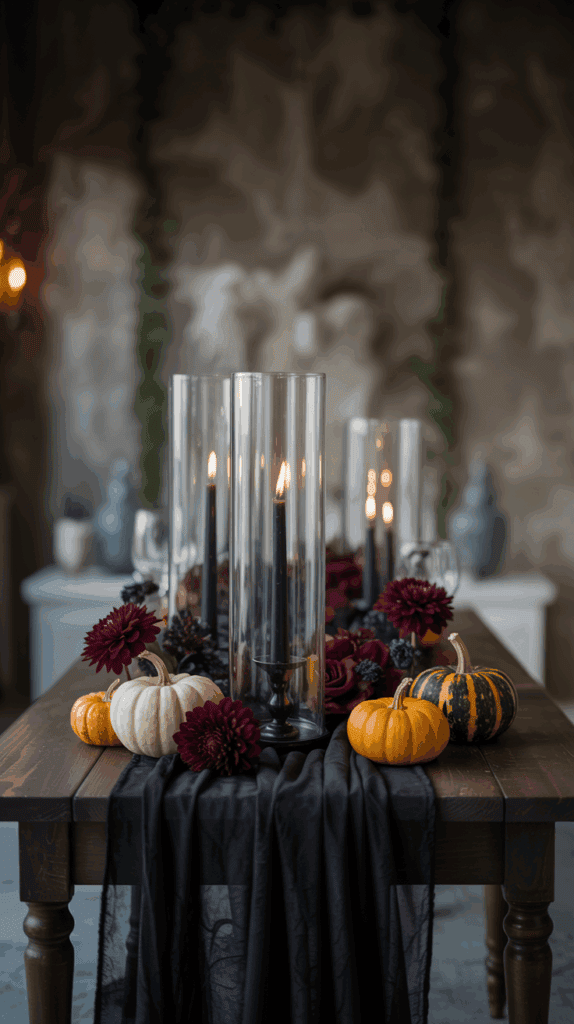 A rustic wooden table is elegantly decorated with black candles in glass holders, surrounded by small white and orange pumpkins, dark red flowers, and a flowing black table runner, creating an atmospheric setting.