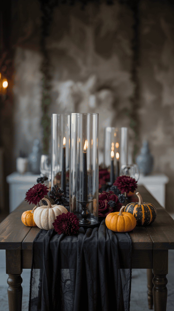 A rustic wooden table is elegantly decorated with black candles in glass holders, surrounded by small white and orange pumpkins, dark red flowers, and a flowing black table runner, creating an atmospheric setting.