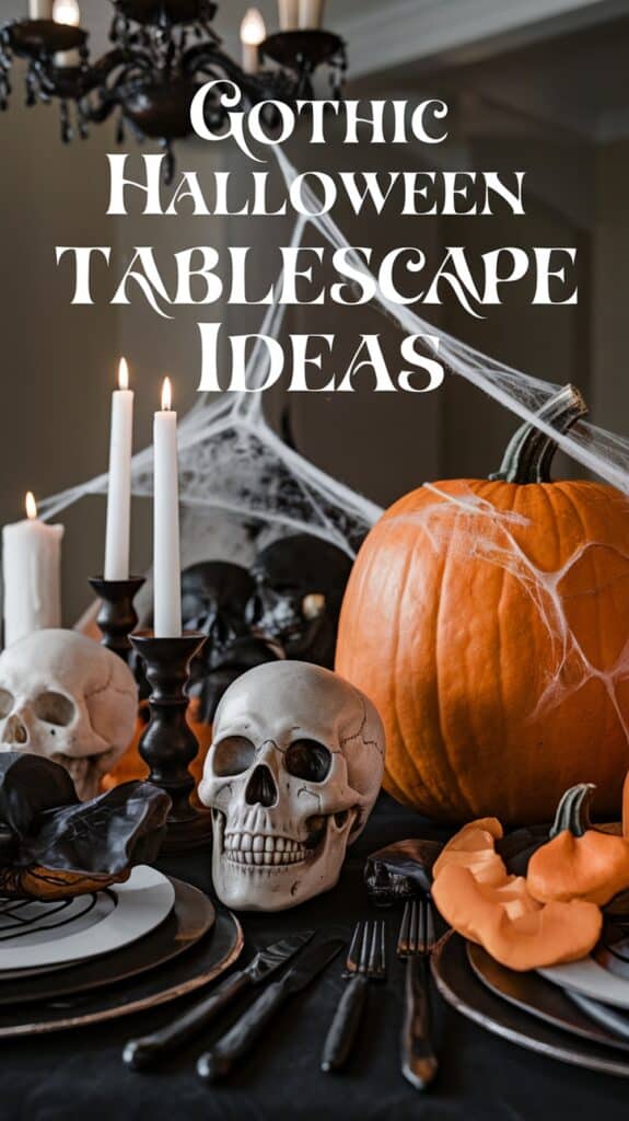 A Halloween tablescape featuring a gothic theme with decorative skulls, white candles on black holders, a large pumpkin with spider webs, and black tableware on a dark tablecloth.