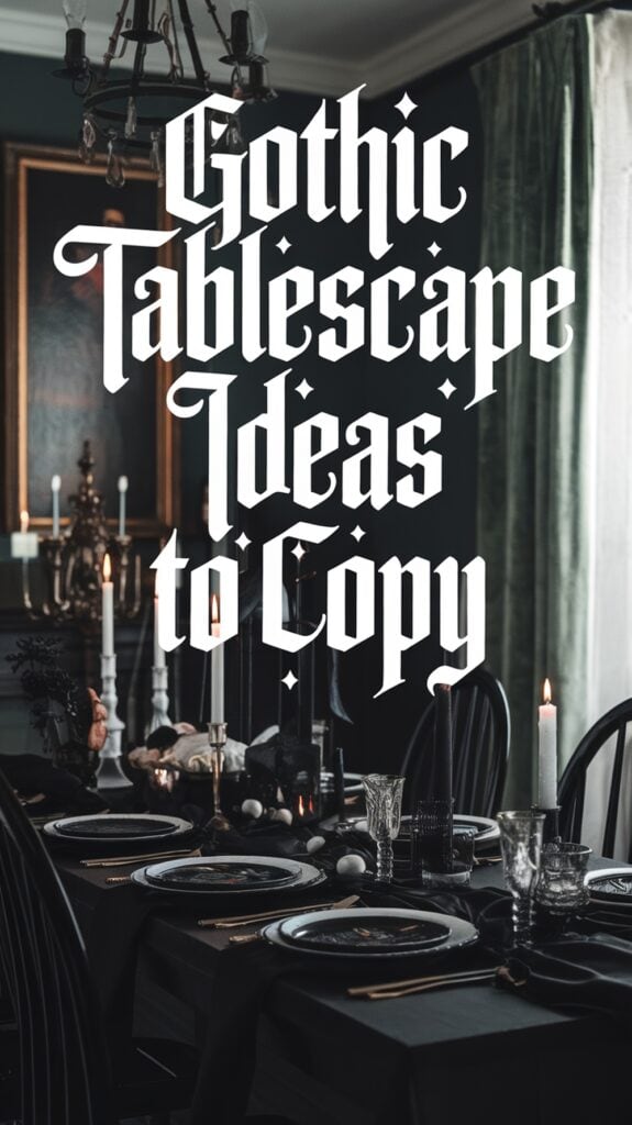 A dimly lit dining room with a gothic-themed table setting, featuring black tablecloth, dark dishware, and candles in silver holders; gothic-style text overlays the image reading 'Gothic Tablescape Ideas to Copy.'