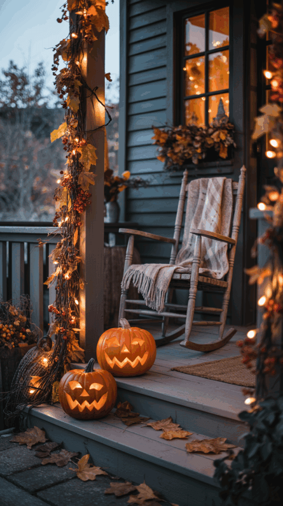 A cozy porch decorated for Halloween with glowing jack-o'-lanterns on the steps, a wooden rocking chair draped with a blanket, and string lights intertwined with autumn leaves and berries around the railing.