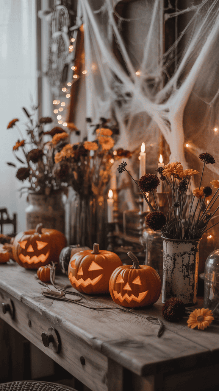 A rustic table decorated with carved pumpkins featuring jack-o'-lantern faces, surrounded by lit candles, colorful flowers in vases, and cobwebs draped in the background, creating a festive Halloween atmosphere.