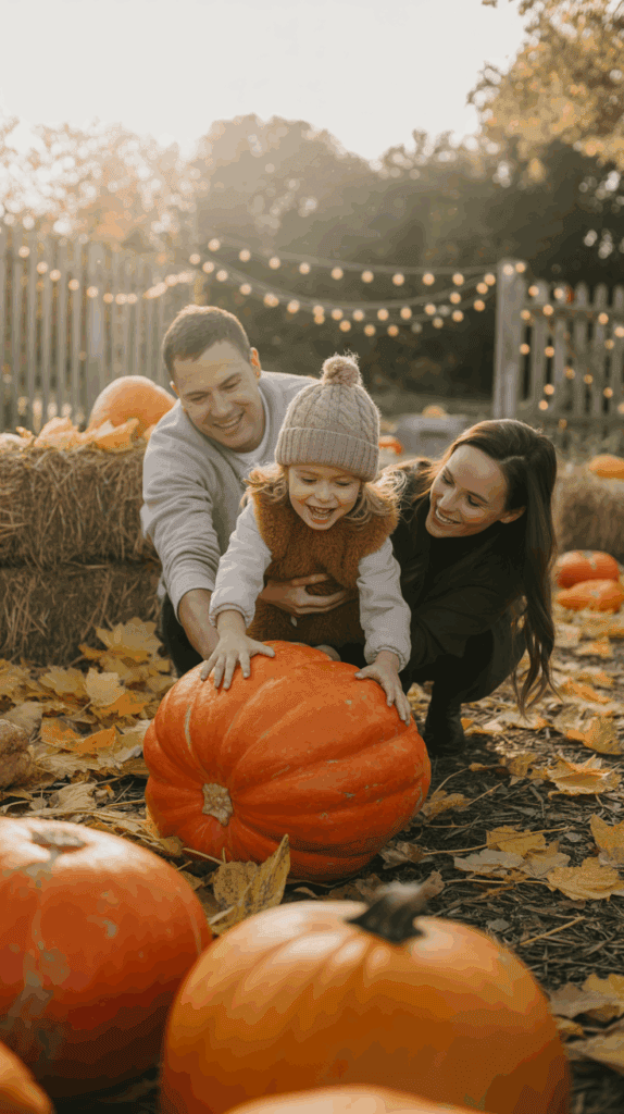 A smiling family in an outdoor setting with hay bales and large pumpkins. A young child in a brown furry vest and knit hat is leaning on a large orange pumpkin with the support of a smiling woman and man, both wearing casual clothing. The background features trees and string lights, suggesting a festive autumn atmosphere.