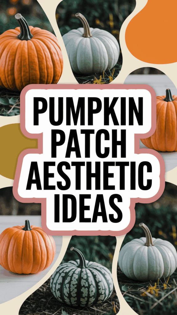 A collage featuring various pumpkins with different colors and textures, surrounding the central text 'Pumpkin Patch Aesthetic Ideas.' The pumpkins include classic orange, pale green, and striped varieties, set against a rustic background.