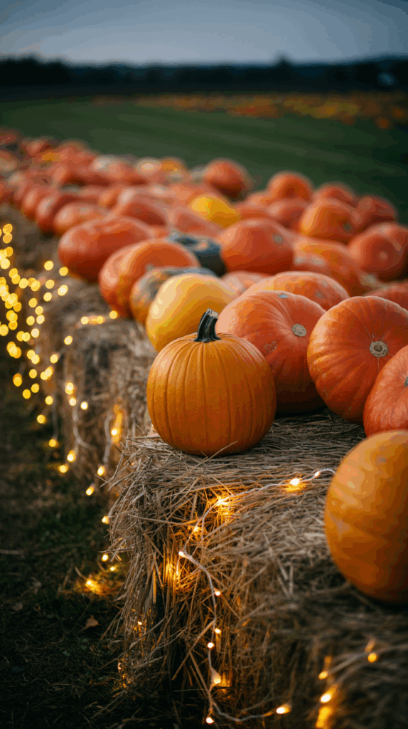 Pumpkins arranged on bales of hay adorned with string lights, creating a warm and festive autumn display in an outdoor setting.