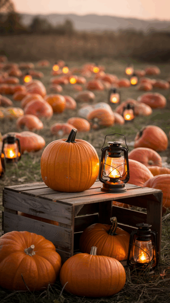 A pumpkin sits on a wooden crate surrounded by other pumpkins and lit lanterns in a field at dusk.