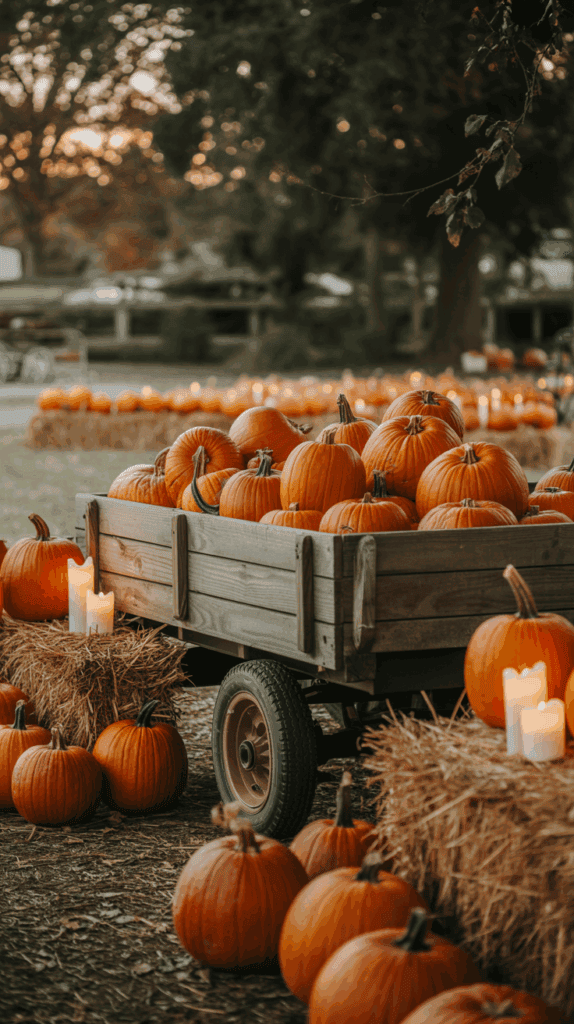 A wooden cart filled with pumpkins surrounded by more pumpkins and hay bales, with lit candles placed on the hay bales, set in an outdoor environment with trees in the background.