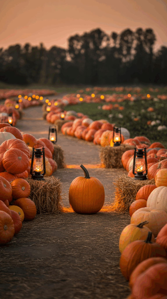 A pathway lined with pumpkins and hay bales, illuminated by lanterns, leads into a pumpkin patch at dusk, with a background of trees under a soft, colorful sky.