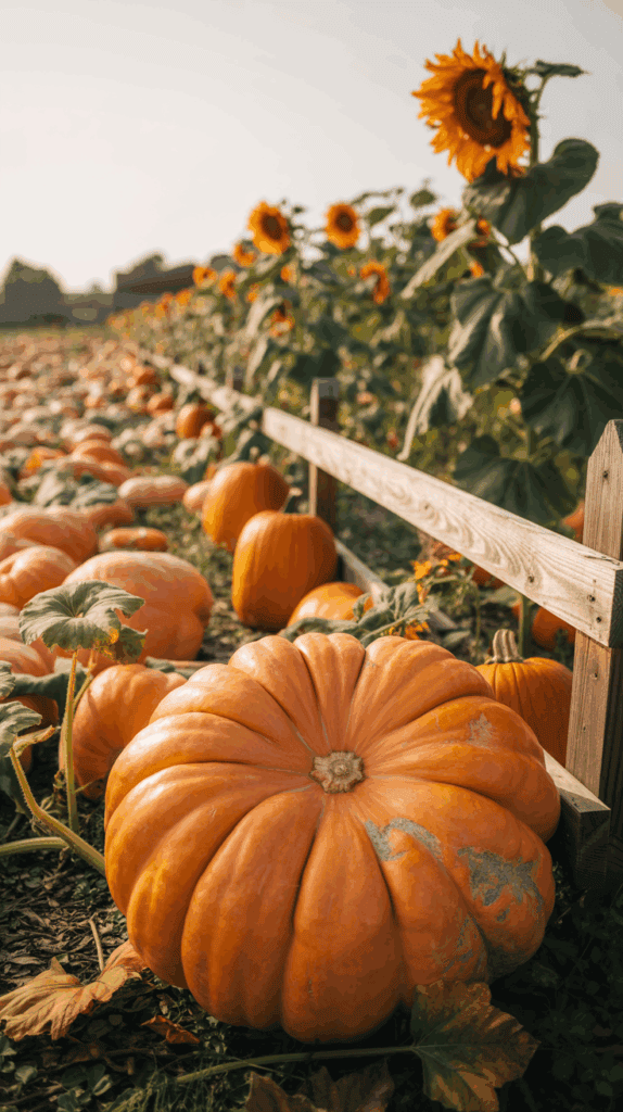 A field of large orange pumpkins and vibrant sunflowers, bordered by a wooden fence under a clear sky.