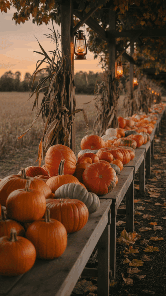 A wooden table filled with various pumpkins in shades of orange and green, set outdoors under a pergola, with corn stalks and lit lanterns hanging above, and an open field in the background during sunset.