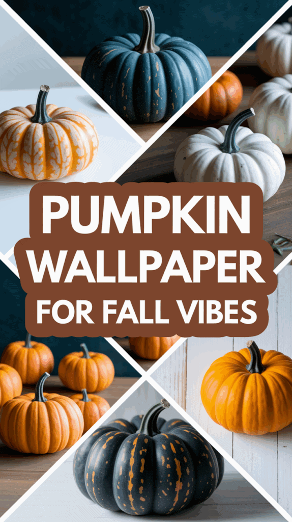 Collage of various pumpkins in different colors and patterns, with the text "Pumpkin Wallpaper for Fall Vibes" overlaid in bold brown letters.