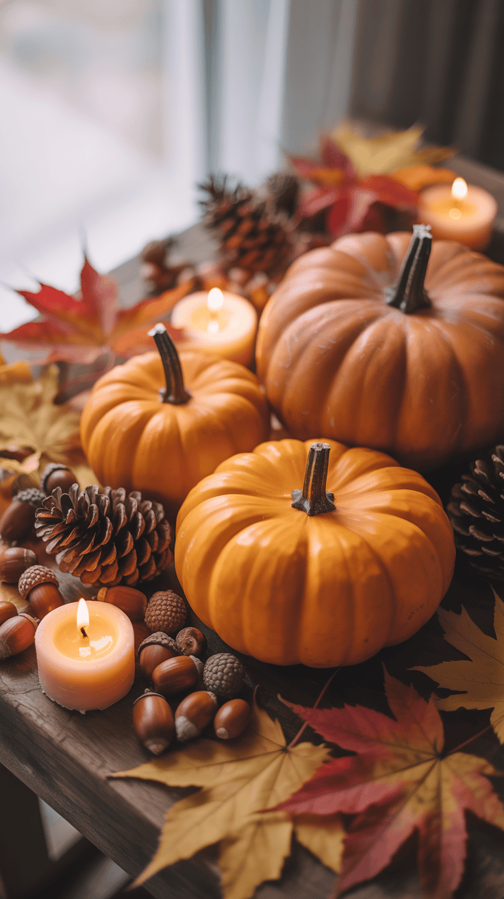 A fall-themed setting with small pumpkins, pine cones, acorns, and autumn leaves surrounding lit candles on a wooden table.