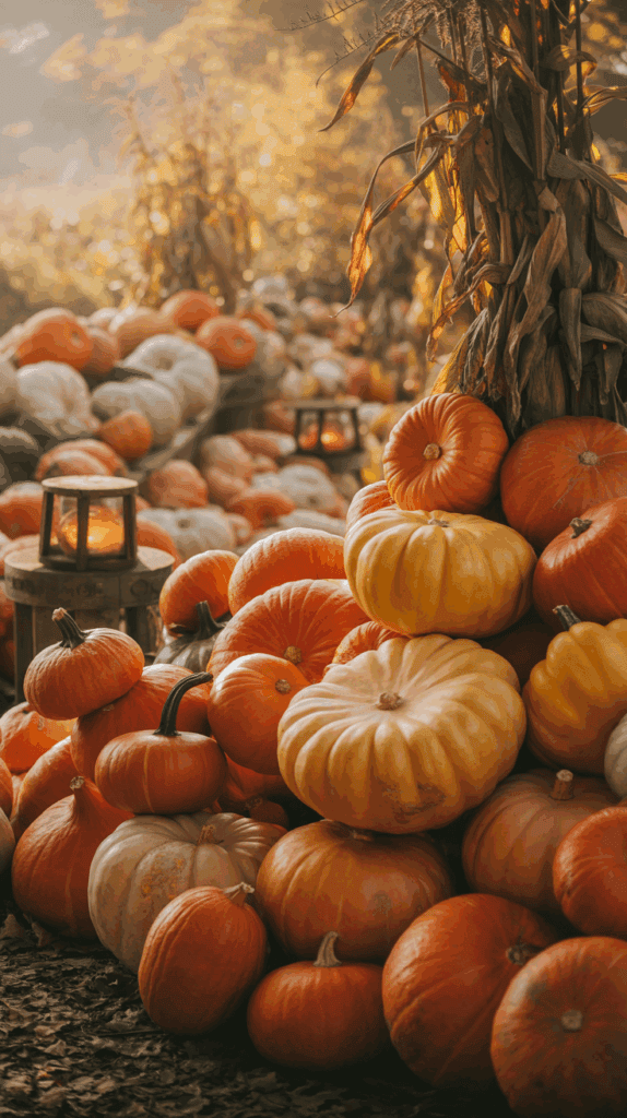 A pile of assorted pumpkins and gourds in various shades of orange, yellow, and white, stacked alongside a corn stalk and a rustic lantern glowing with light, set in a sunlit autumnal setting.