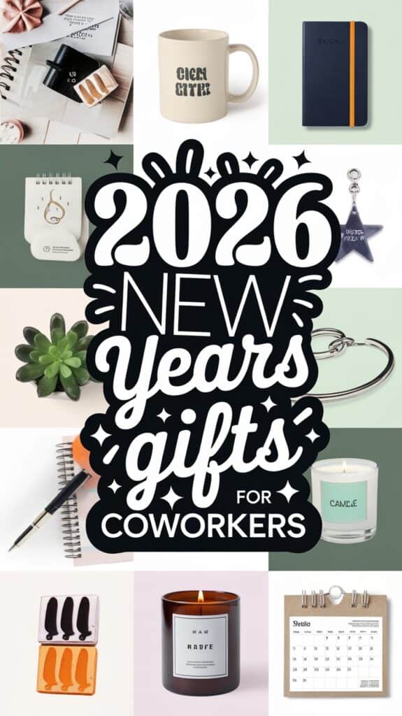 Collage of various potential New Year's gifts for coworkers in 2026, including a mug, a notebook, a succulent plant, a candle, a star-shaped keychain, and a desk calendar.