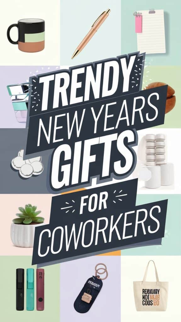 Collage of trendy New Year's gift ideas for coworkers, including a geometric mug, rose gold pen, notepad, succulent in a pot, reusable coffee cup, compressed towels, tote bag, key holder, and portable misting bottles, with text 'Trendy New Years Gifts for Coworkers'.