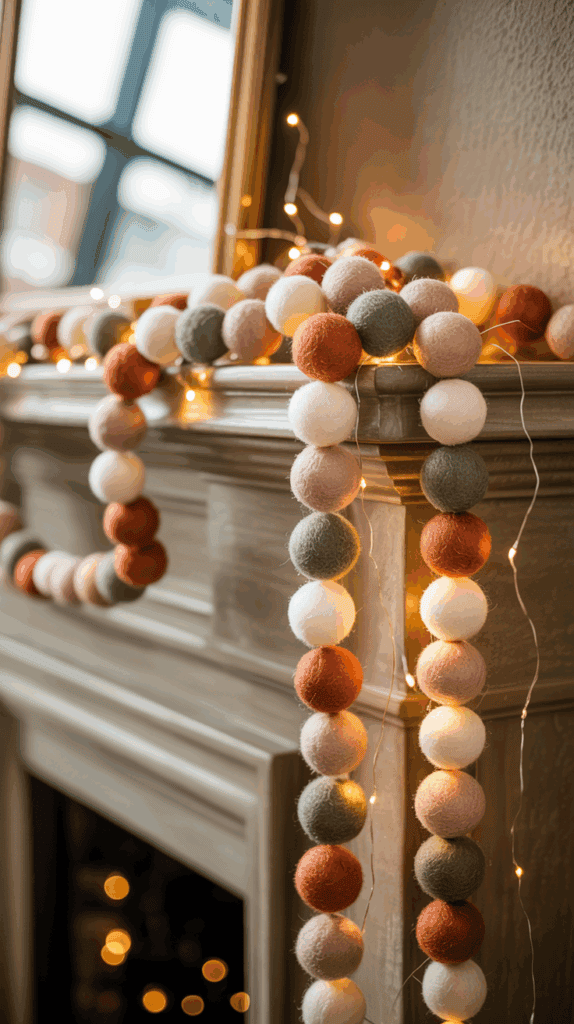 A decorative garland made of soft, multicolored felt balls in shades of white, green, pink, and orange, draped over a mantelpiece adorned with warm, glowing string lights.