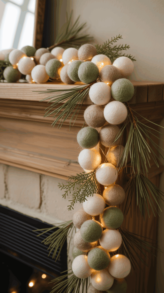 A festive garland made of wool felt balls in green, white, and beige, adorned with pine branches and small white lights, decorates a wooden fireplace mantel.