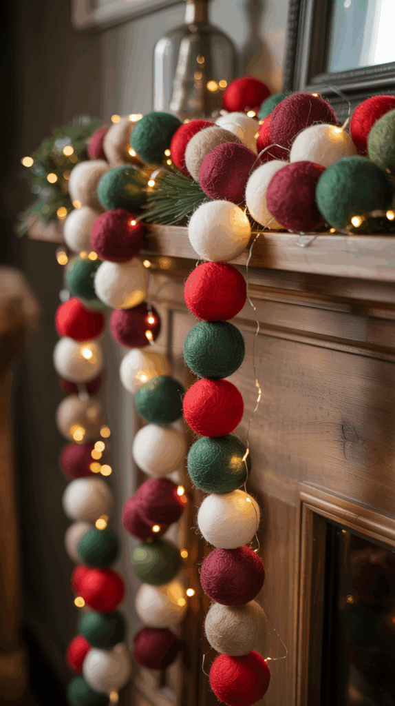 A mantelpiece decorated with a garland of colorful felt balls in red, green, and white, intertwined with string lights and greenery.
