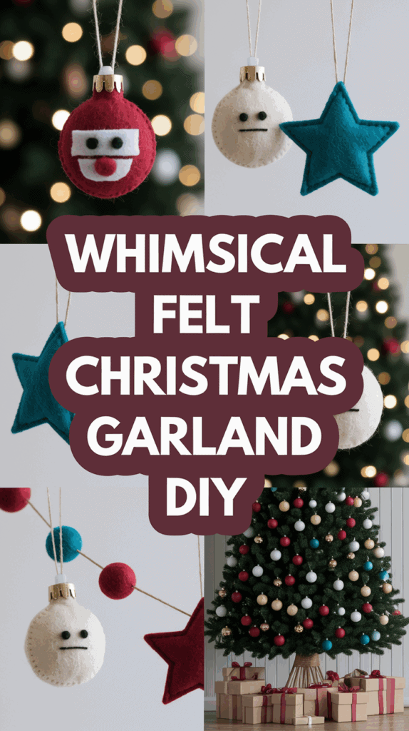 Collage of whimsical felt Christmas garland decorations, including smiling red and neutral white baubles, blue and red stars, arranged with a Christmas tree in the background; text overlay reads 'Whimsical Felt Christmas Garland DIY.'