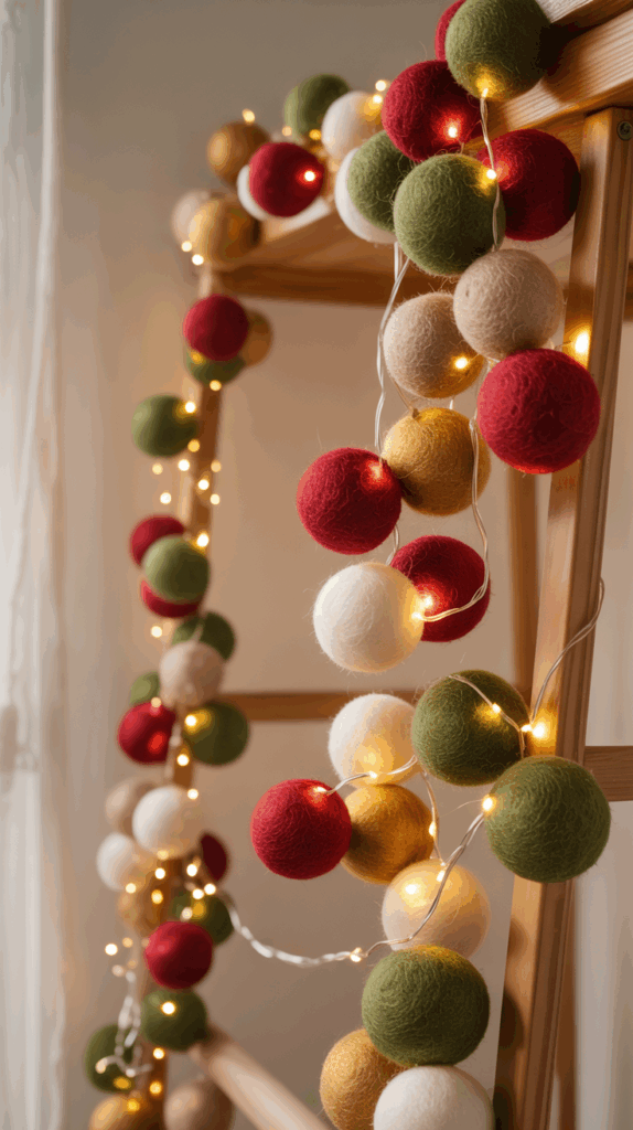 A wooden ladder decorated with felt ball garland in red, green, gold, and white, intertwined with string lights.