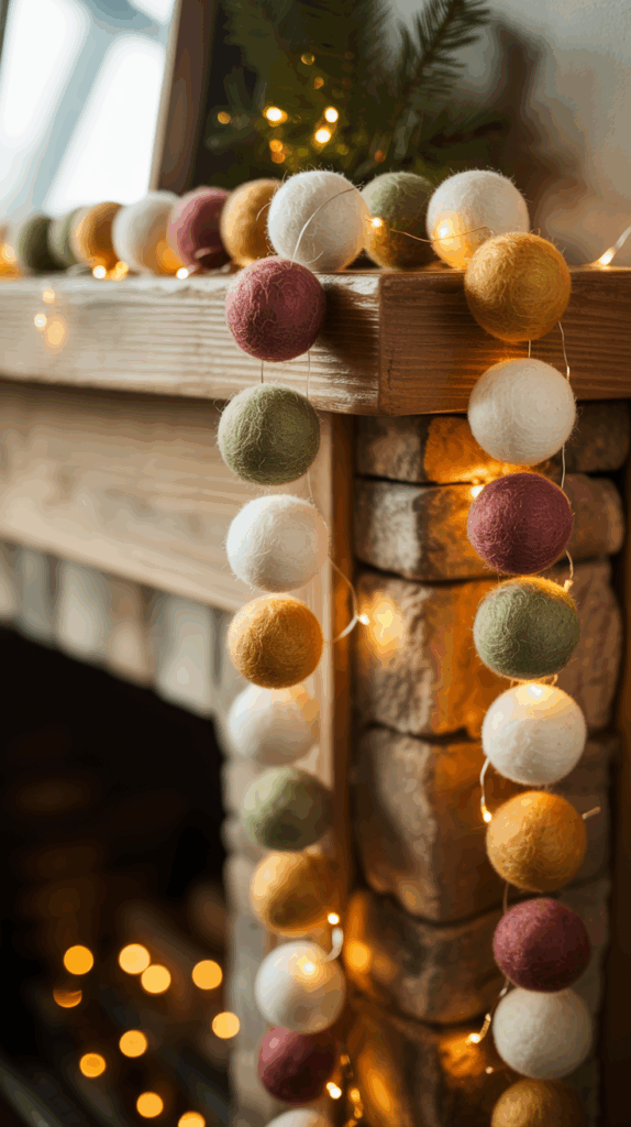 A fireplace mantle decorated with colorful wool felt ball garlands in shades of white, green, yellow, and red, interspersed with twinkling string lights.