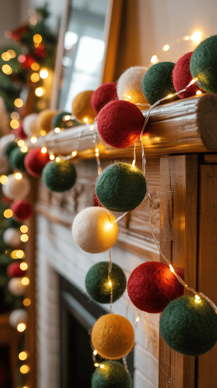 A festive garland with red, green, yellow, and white felt balls intertwined with warm white string lights decorates a wooden fireplace mantle.