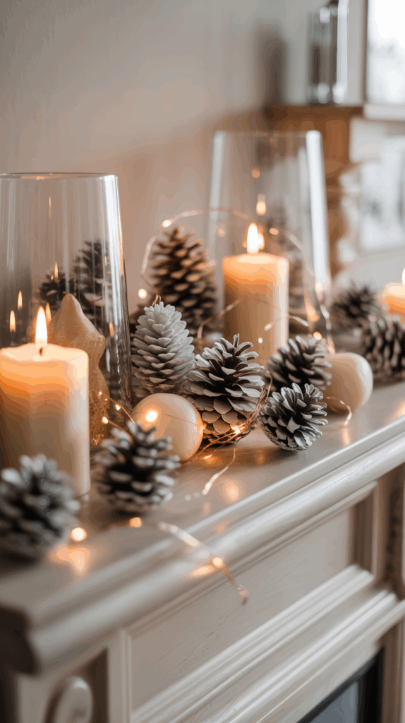 A festive mantel decorated with lit candles, frosted pine cones, and string lights creating a cozy ambiance.