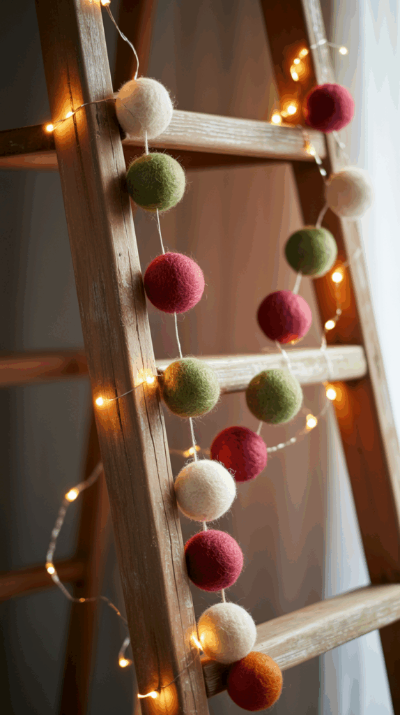 A wooden ladder decorated with a garland of felt balls in white, green, and red, along with string lights creating a warm ambiance.