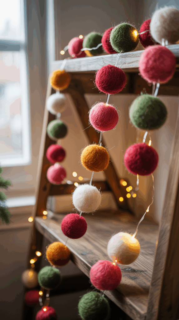 A wooden ladder decorated with a string of colorful felt balls and warm fairy lights, positioned next to a window.