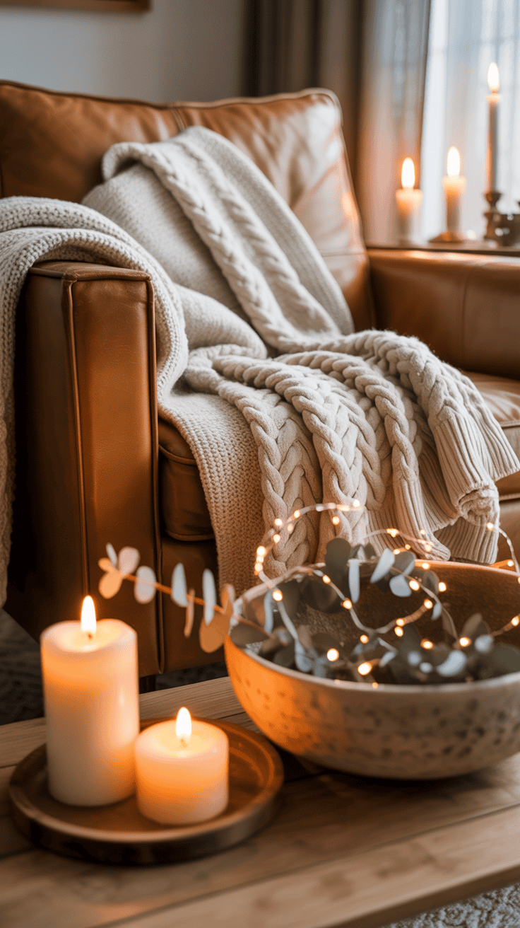 A cozy living room scene featuring a brown leather armchair with a thick, knitted beige blanket draped over it. In front of the chair is a wooden coffee table holding two lit candles and a decorative bowl with fairy lights and eucalyptus leaves. The background includes more lit candles on a side table, enhancing the warm and inviting atmosphere.
