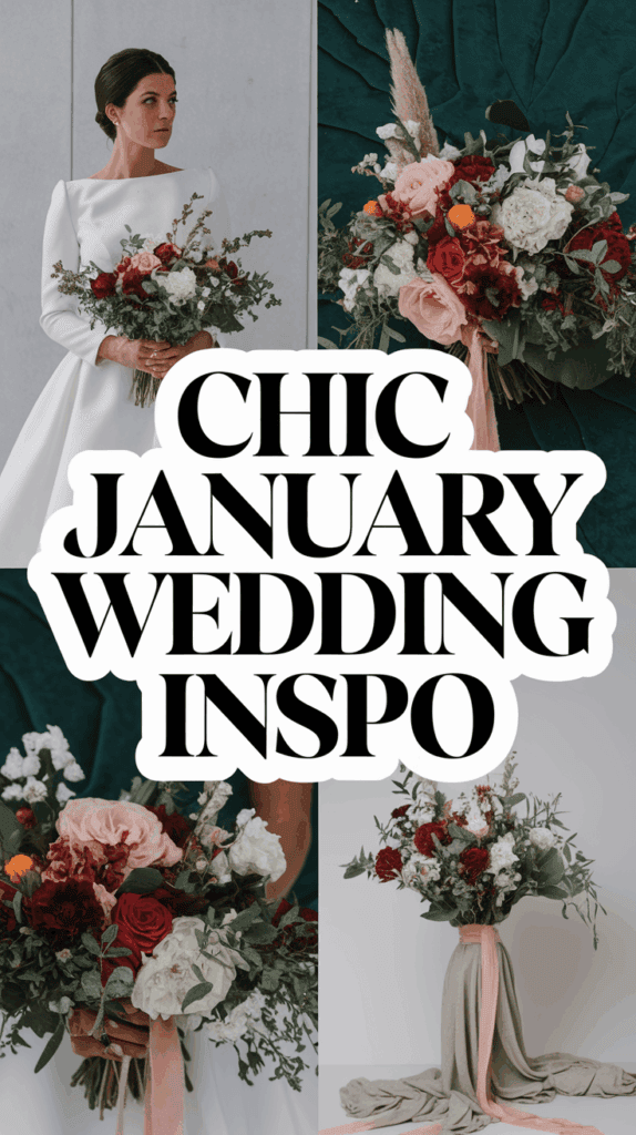 A collage featuring a bride in a white dress holding a bouquet with red, pink, and white flowers, and text overlay reading 'Chic January Wedding Inspo.' Surrounding images show close-ups of vibrant floral arrangements including roses and greenery with fabric accents.