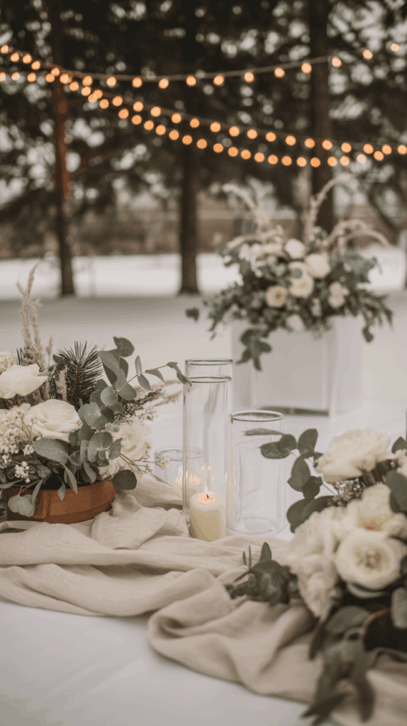 A table decorated with white roses, eucalyptus leaves, and beige fabric, featuring lit candles in glass holders. String lights are seen in the background, creating a warm atmosphere in a snowy, outdoor setting.