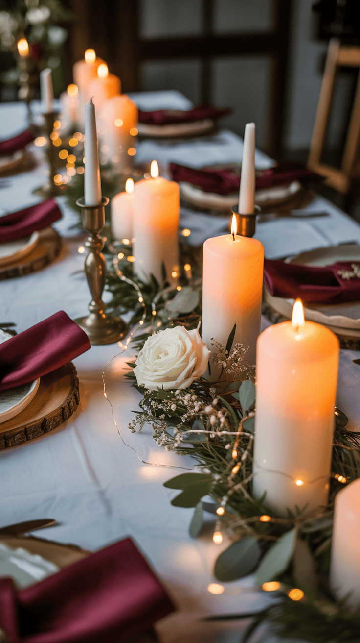 A festive table setting with lit white pillar candles, white roses, and eucalyptus leaves on a white tablecloth, accented by warm string lights and burgundy napkins on rustic wooden chargers.