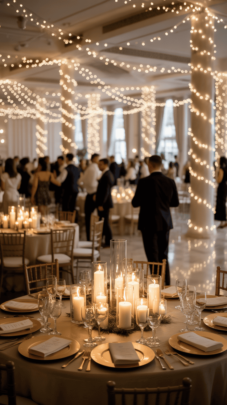 A warmly lit banquet hall with tables set for a formal event, featuring candles and glassware, and strings of lights wrapped around pillars and across the ceiling, with people mingling in the background.