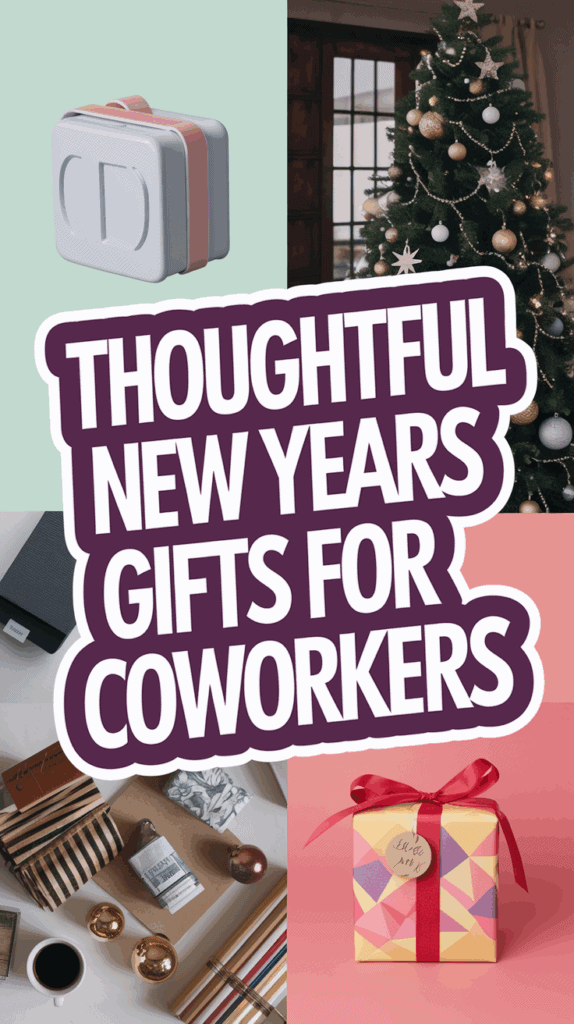 A collage featuring items labeled as "Thoughtful New Years Gifts for Coworkers," including a bento box, a decorated Christmas tree, a wrapped gift with a red ribbon, and various small packaged items and notepads.